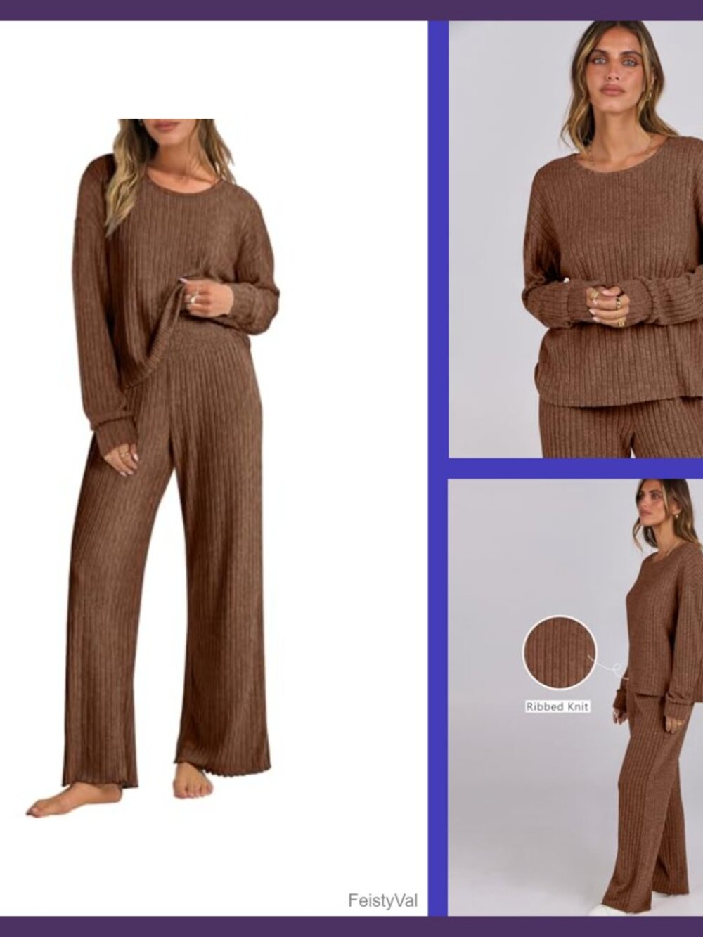2 Piece Ribbed Knit Lounge Set Balloon Sleeve PJ Pants
